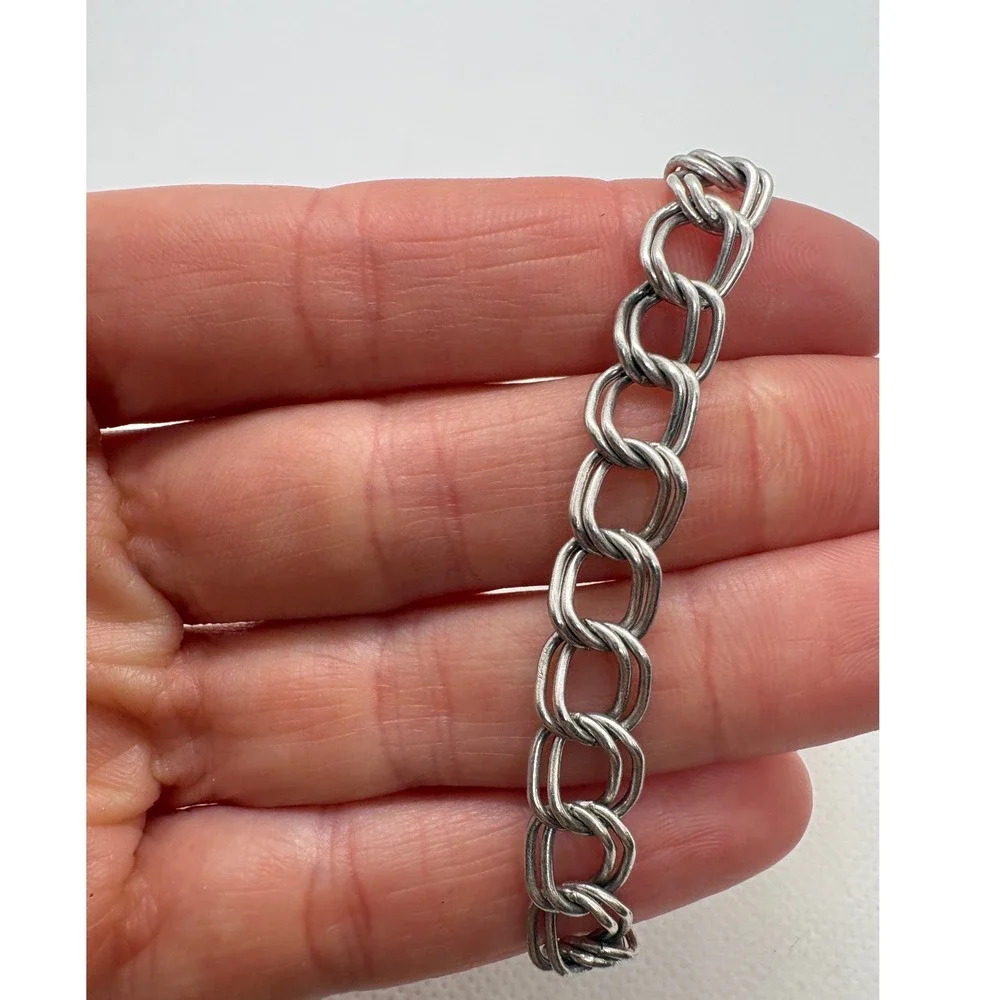 Vintage Sterling Silver Double Link Charm Bracelet 7 Inch 9.18g 925 Chain